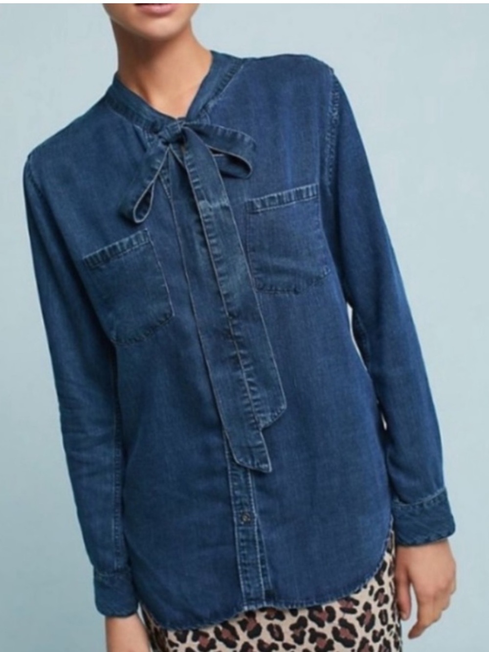 Rails Rosalee Chambray Lyocell Tencel Denim Long Sleeve Tie-Neck Button Up Top